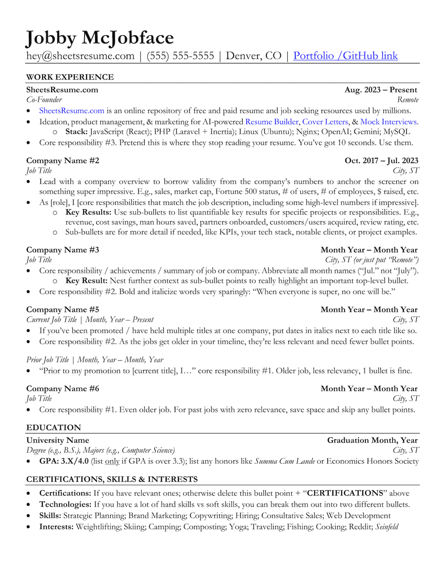 Sheets Resume Screenshot